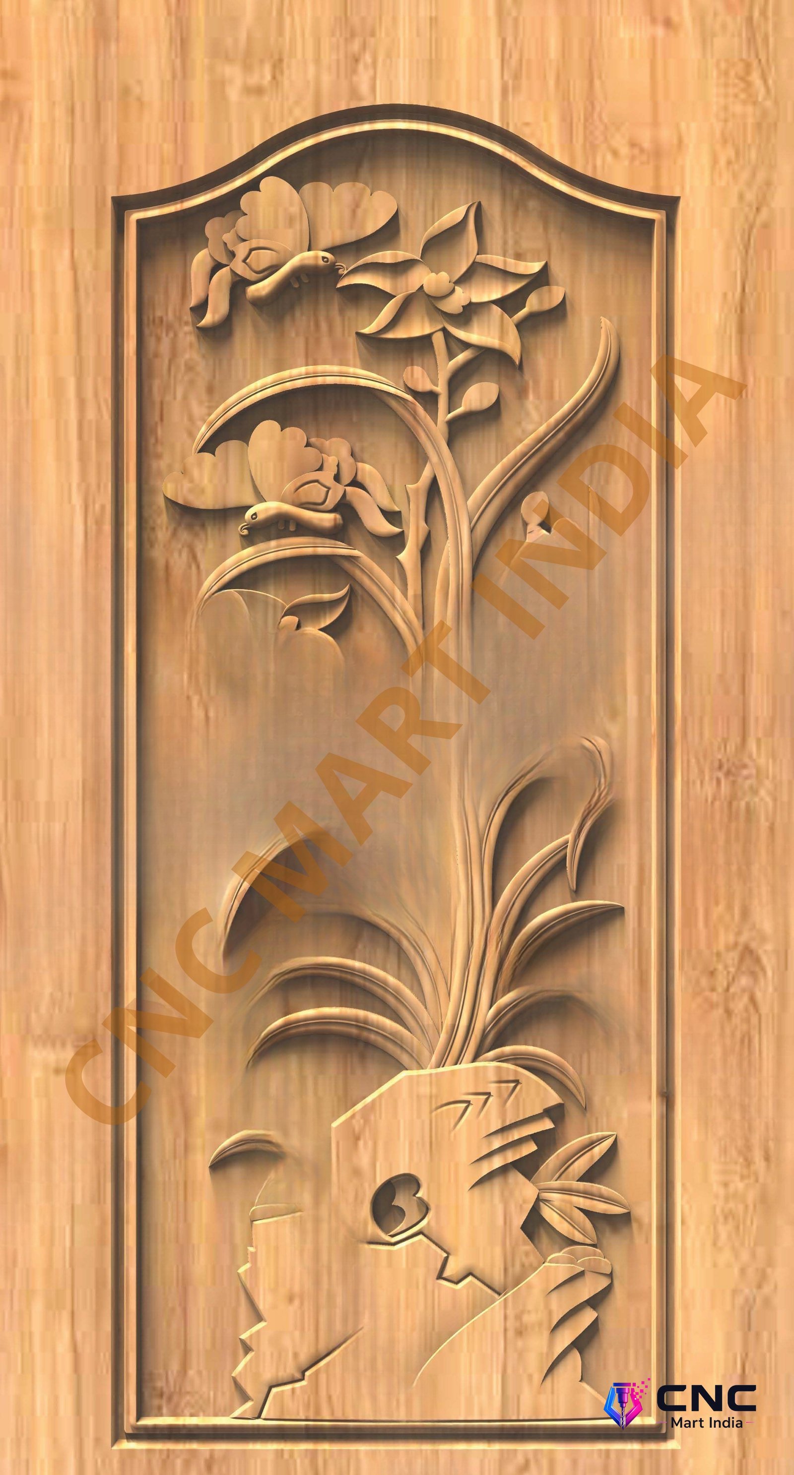 GSK EMBOSSING - EMD-26 Floral Butterfly Nature Carved Wooden Door 3D Model